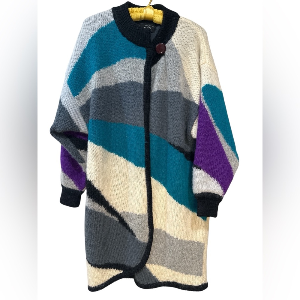 Vintage Falcon Italian Mohair knee length Teal & Purple Women's Cardigan Sweater